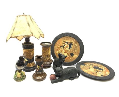 Collection of Bretby Japanese design pottery comprising a lamp, vase and a pair of chargers, D34cm together with a similar de