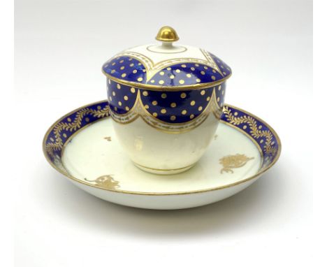 Caughley Salopian sucrier and cover, decorated with gilt dots on blue ground within floral borders, H12cm together with a Cau