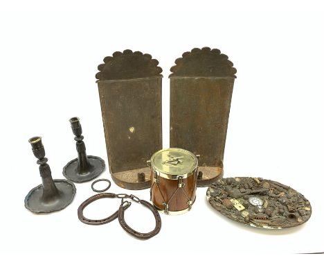 A pair of 19th century tin wall mounted candle scones, H41cm, together with a pair of 19th century Pewter candlesticks, novel