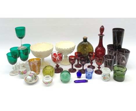 A group of Victorian glassware, to include Ruby flashed decanter and six glasses, decanter H25cm, five further drinking glass