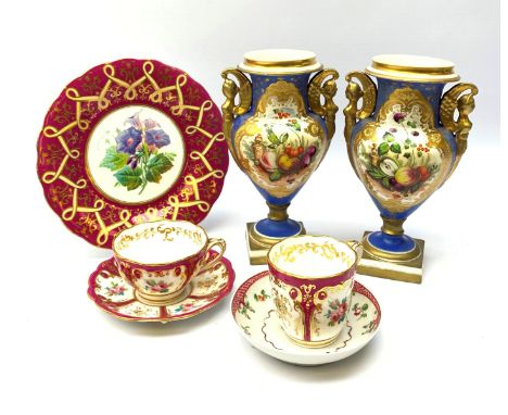A 19th century Botanical dessert plate, possibly Ridgway, D22cm, together with a 19th century tea cup and saucer, and further