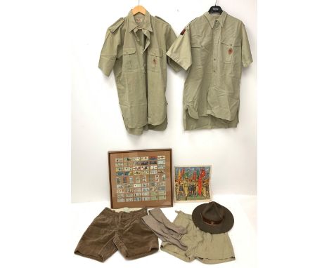 Mid 20th century Boy Scouts uniform, comprising corduroy shorts, further pair of shorts, two shirts, socks, and felt hat, tog