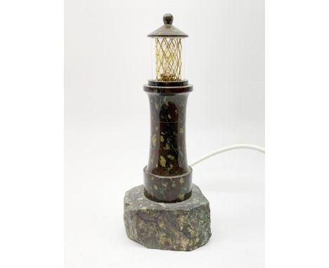 20th century Cornish Serpentine table lamp modelled as a lighthouse, H25cm  Click here to view further images, condition repo