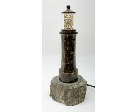 20th century Cornish Serpentine table lamp modelled as a lighthouse, H29cm  Click here to view further images, condition repo