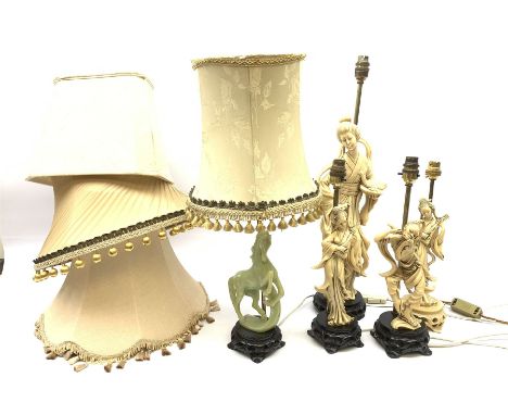 Four Chinese Ivory style figural table lamps, tallest H59cm together with a Jade style table lamp modelled as a rearing horse