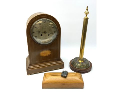 Ogden of Harrogate walnut cased mantle clock with silvered roman dial, the domed case with shell parquetry inlay, H34cm, rect