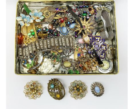 Middle Eastern silver bracelet (tested) and collection of vintage costume jewellery including brooches, necklaces, belt buckl