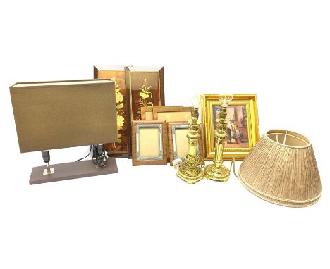 Pair of modern fluted brass table lamps and shades,  gilt framed print, pair of rectangular inlaid panels, 50cm x 21.5cm anot