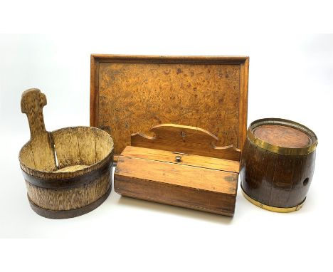 A Victorian coopered oak piggin, D24.5cm, together with a small coopered oak barrel, H20cm, a pitch pine octagonal wall box, 