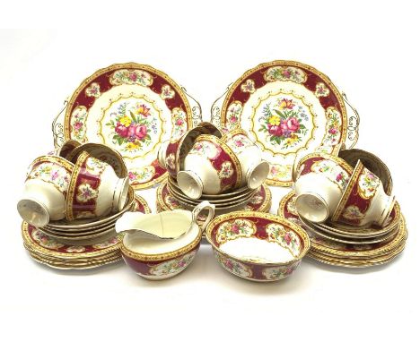 Royal Albert Lady Hamilton pattern tea service comprising twelve tea cups, eleven saucers, twelve tea plates, two serving pla