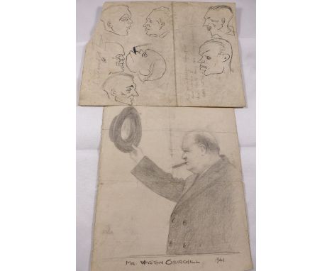 JOHN HOGAN PENCIL DRAWING. Military ~ Winston Churchill 1941, to include preliminary sketch