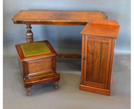 An Edwardian Mahogany Pot Cupboard together with a continental walnut centre table and a 19th Century mahogany step commode 