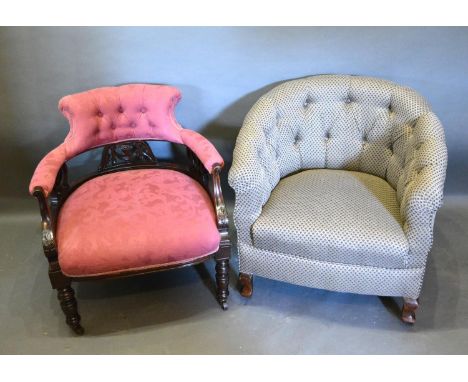 A Victorian Tub Shaped Button Upholstered Chair together with an Edwardian mahogany drawing room armchair 