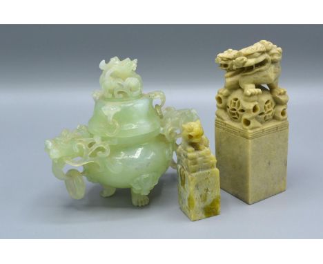 A Chinese Jade Covered Koro 11 cms tall together with two Chinese soap stone seals 