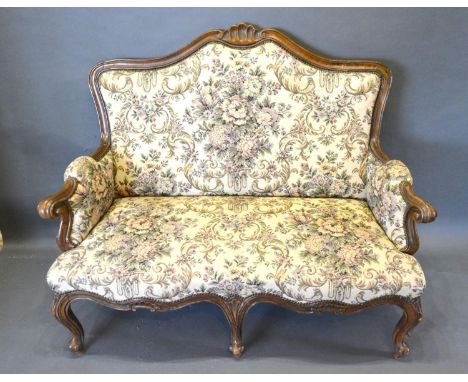 A Late 19th Early 20th Century French Salon Sofa, the shaped back above a similar seat with scroll arms raised upon cabriole 