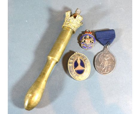 A Silver Gilt and Enamel Set Masonic Pendant together with a Masonic Medallion inscribed Peace 1919, another oval medallion i