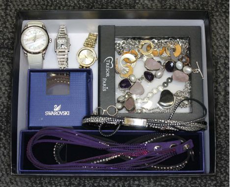 A box of costume jewellery including Swarovski, Campagnolo, Rebecca, Pianegonda, a bracelet set with rose quartz, amethyst an