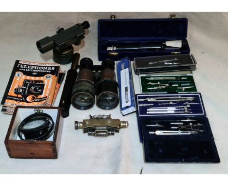 A box of collectables to include pair of binoculars, draughtsman sets, telescopes, theodolite, clinometer sight, compass, Mod