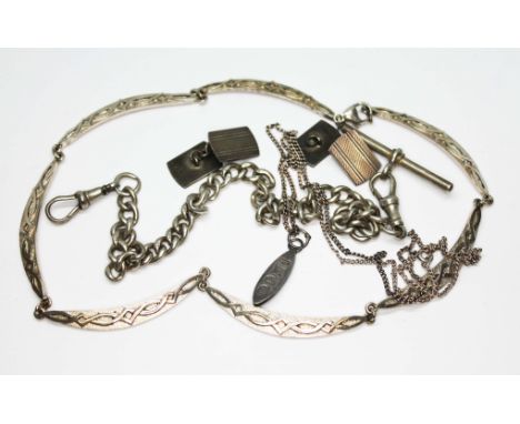 A mixed lot of hallmarked silver comprising an Albert chain, a Celtic style choker necklace, a pair of cufflinks and a pendan