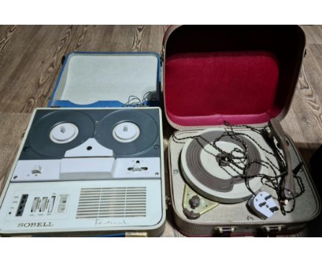 A Sobell reel to reel player and a vintage portable record player.  
