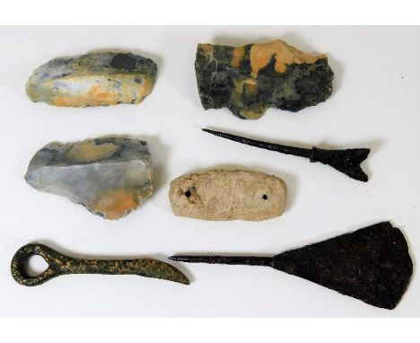 Iron age celtic bulls head woad grinder set circa 100BC, forked arrowhead of Hunnish design circa 400 to 700AD, Mongol war/hu