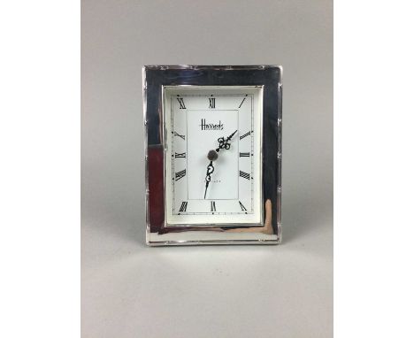 HARRODS SILVER MOUNTED MANTEL CLOCK,of rectangular form, 17cm high