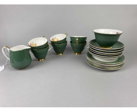 ROYAL GRAFTON TEA SERVICE,with floral and gilt decoration on a green ground, comprising six trios and a sugar and cream, alon