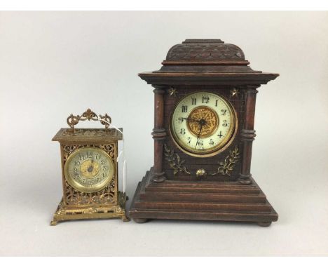 VICTORIAN OAK MANTEL CLOCK,25cm high, along with a brass carriage clock (2)Condition report: More photos added.