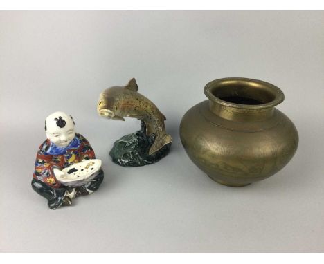 BESWICK FIGURE OF A TROUT,15cm high, along with an Eastern brass vase and a Chinese figure (3)