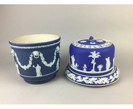 VICTORIAN JASPER WARE CHEESE DISH AND COVER,20cm high, along with a Jasper Ware planter (2)