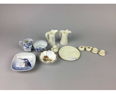 PAIR OF MINIATURE ROYAL WORCESTER WHITE GLAZED VASES,along with small Copenhagen pin dish, English pin dish, blue and white c