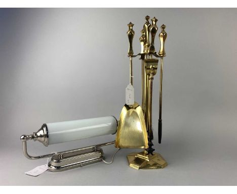 BRASS COAL SCUTTLE,along with a brass fire companion stand, also a retro wall mounting light and an ornithological print
