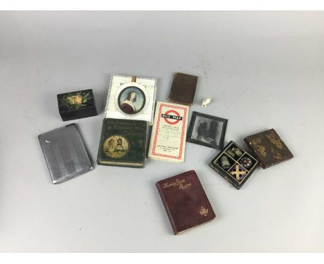 VICTORIAN PORTRAIT MINIATURE OF A LADY,along with pince nez, a silver propelling pencil, cigarette cases, a drawing set, trav