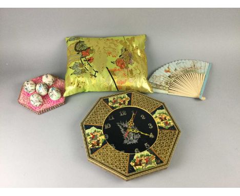 LOT OF MODERN CHINESE FANS,along with a wall hanging scrool, wall clock, decorative cushion and table mats