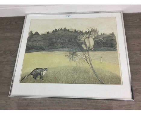 BARBARA ROBERTSON,HUNTINGlithograph print, titled verso, overall size 62cm x 72cm, mounted, framed and under glass