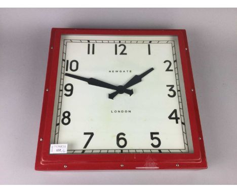 NEWGATE LONDON SQUARE WALL CLOCK,40cm wide, along with a modern wall clock in red, 47cm high (2)