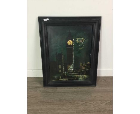 PICTURE CLOCK,decpiting the tower of Westminster, framed, 62cm x 50cm overall
