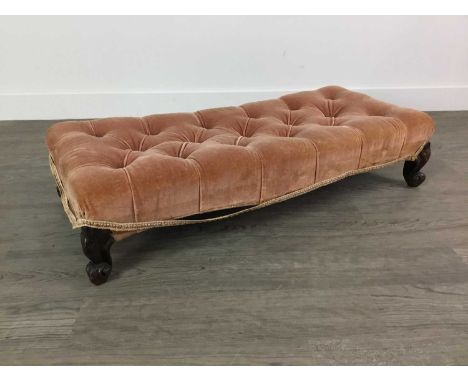 VICTORIAN STOOL,with button upholstered seat on squat rosewood cabriole supports to hoof feet, 76.5cm wide