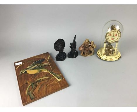 CHINESE SOAPSTONE CARVING,with hardwood stand, 14cm high, along with an anniversary clock, two wooden carvings, a pair of woo