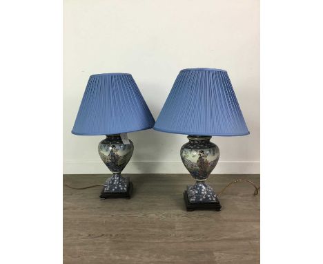 PAIR OF JAPANESE CRACKLE GLAZE TABLE LAMPS,decorated with bijin and cherry blossoms, with pleated fabric lamp shades, 70cm ta