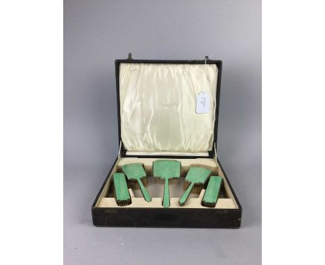 GUILLOCHE ENAMEL BACKED DRESSING TABLE SET,contained in a fitted caseCondition report: Not marked EPNS or silver some scratch