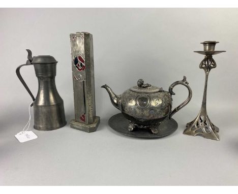 PEWTER FOUR PIECE TEA AND COFFEE SERVICE,on a tray, along with other plated items including candlesticks and a tappit hen