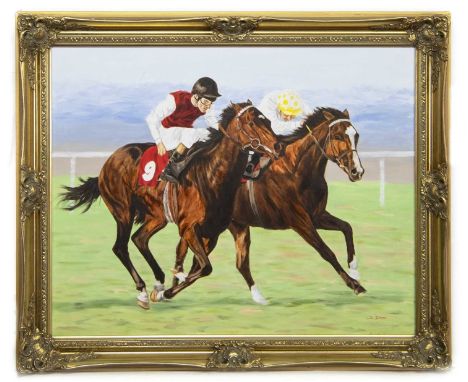 SUE DRIVER,JOCKEYSoil on canvas, signedimage size 61cm x 76cm, overall size 74cm x 90cmFramed.Condition report: Some slight s