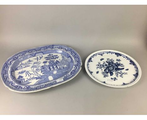 VICTORIAN BLUE AND WHITE MEAT DISH,transfer decorated with the Willow pattern along with a Royal Worcester circular platter a
