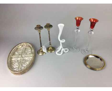 SILVER PLATED CAKE PLATE, along with other silver plated items including dishes, also two pairs of candlesticks and a vase