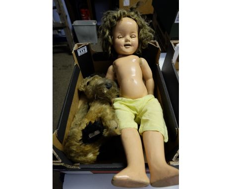 A straw filled Chad valley seated dog and Shirley Temple doll  (2)