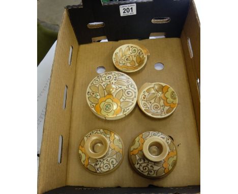 A collection of Bursley Ware Trinket items in the floral TL3 design by Charlotte Rhead comprising pair candlesticks, box & co