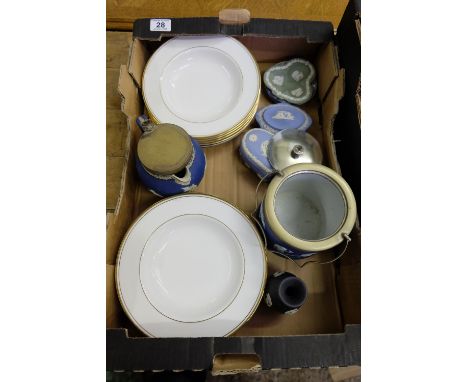 A collection of pottery to include Royal Doulton New Romance rimmed soup bowls, Wedgwood jasperware trinket boxes, biscuit ba