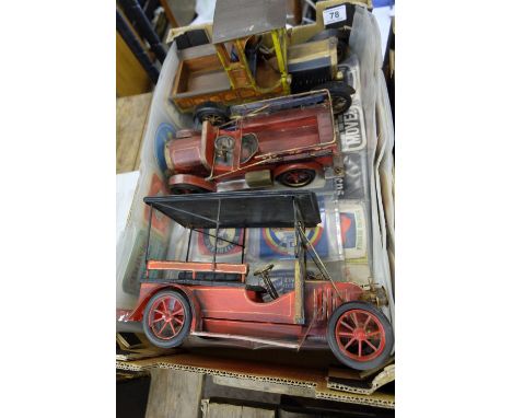 A Collection of items to include vintage beer mats and 3 wood & metal toy cars etc