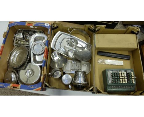 A collection of Stainless steel items together with old calculating machine, record player parts, slide rules etc (3 trays)